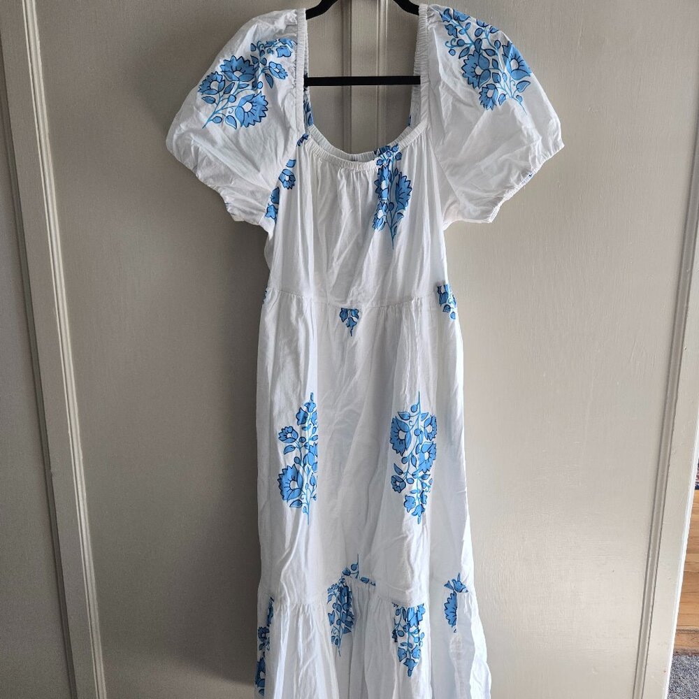 J Crew | White Cotton Midi Dress with Puff Sleeves and Blue Florals | 8